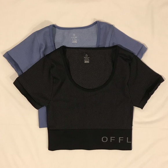aerie Tops - 2 Aerie Offline Sidewalk Short Sleeve Banded Active Crop Tops Black Blue